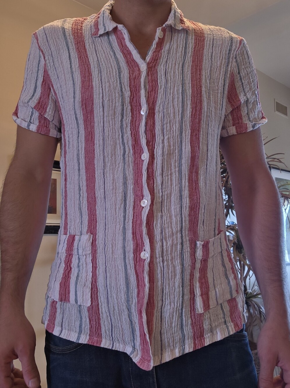 Organic French Linen Crinckle Button-Up Shirt Red & Cream